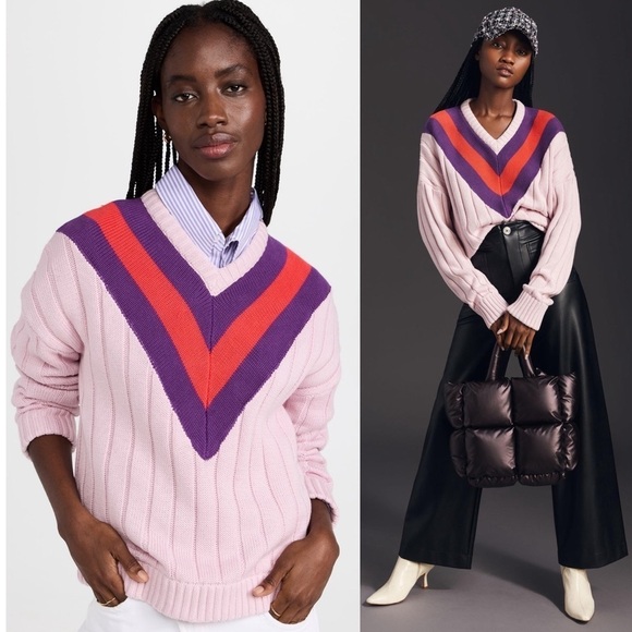 KULE Cotton Cashmere Rib Knit Striped V-Neck Pullover Varsity Tennis Sweater XS - Picture 5 of 12